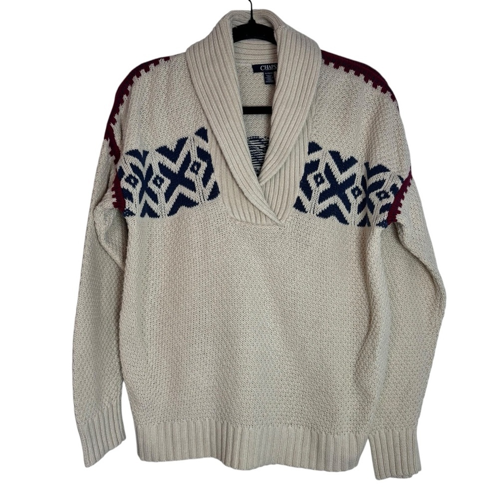 Chaps Aztec Women’s  Cream and Navy Shawl Collar XL Waffle Knit Sweater